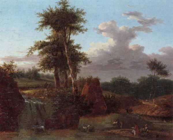 unknow artist A Wooded landscape with an artist sketching at the base of a waterfall,anmals drinking in a pool nearby oil painting picture